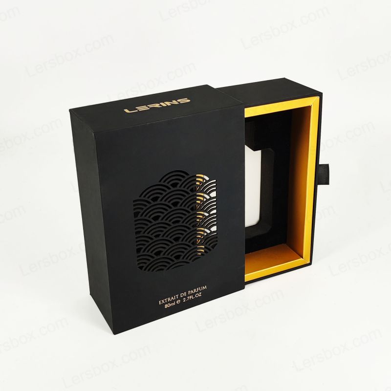 Kotak minyak wangi premium dengan kerajang emas tersuai, dulang Eva, dan tudung tegar untuk perlindungan HP033